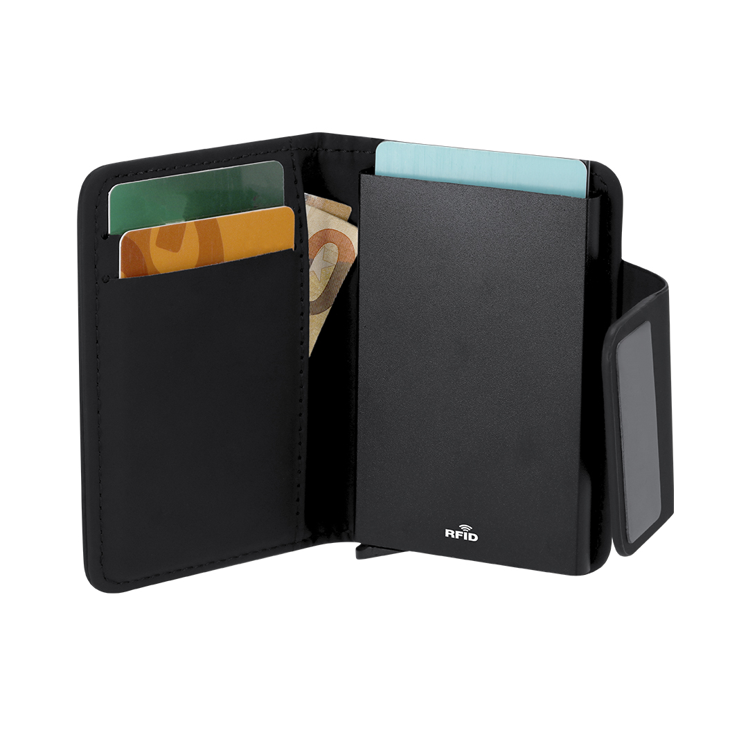Detalle de compartimentos de Tarjetero personalizado Marvans con protección RFID